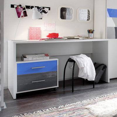 Schreibtisch COLORI weiß inkl. Rollcontainer blau grau