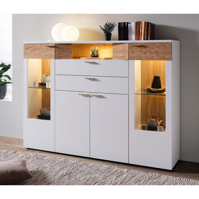 Highboard OSLO weiß matt lackiert Asteiche hell Massivholz